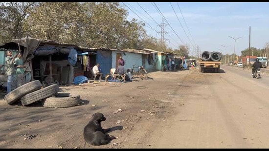The Focal Point road under encroachment in Ludhiana. (Gurpreet Singh/HT)
