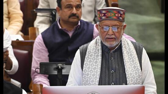 UP finance minister Suresh Khanna presenting the budget 2026 27 at Vidhan Bhawan in Lucknow on Feb 11. (Deepak Gupta/HT)