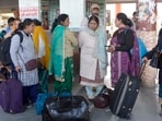 Commuters stranded at bus stand on Thursday amid contractual workers’ strike in Ludhiana. (Manish/Hindustan Times)