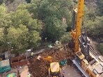 The Coastal Road project site in Charkop, where nearby buildings experienced tremors during pile testing work. (HT PHOTO)