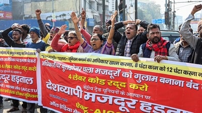 Members of joint trade forums in Patna, shout slogans as they protest against government trade policies after a Bharat Bandh was called on Thursday. (PTI) Members of joint trade forums in Patna, shout slogans as they protest against government trade policies after a Bharat Bandh was called on Thursday. (PTI)