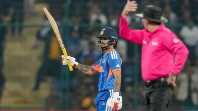 Ishan Kishan went on the offensive from the outset, bringing up a rapid 20-ball fifty with a flurry of clean strikes all around the ground. He smashed 61 runs off 24 balls. (PTI) Ishan Kishan went on the offensive from the outset, bringing up a rapid 20-ball fifty with a flurry of clean strikes all around the ground. He smashed 61 runs off 24 balls. (PTI)