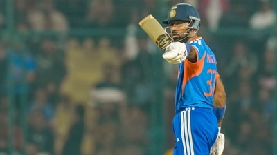 Hardik Pandya (52 off 28 balls) took charge late in the innings as his four sixes and four boundaries kept the momentum going as India posted 209/9. (PTI) Hardik Pandya (52 off 28 balls) took charge late in the innings as his four sixes and four boundaries kept the momentum going as India posted 209/9. (PTI)