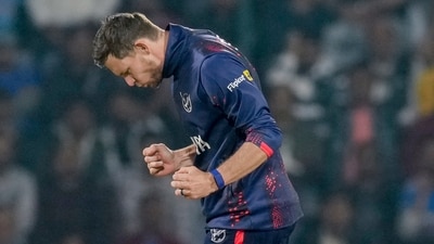 Namibia skipper Gerhard Erasmus’ side-arm action troubled the Indian batsmen, including Ishan Kishan, Hardik Pandya, Axar Patel, and Tilak Varma, with his unusual angle and occasional deliveries from behind the crease adding to their discomfort. (PTI) Namibia skipper Gerhard Erasmus’ side-arm action troubled the Indian batsmen, including Ishan Kishan, Hardik Pandya, Axar Patel, and Tilak Varma, with his unusual angle and occasional deliveries from behind the crease adding to their discomfort. (PTI)