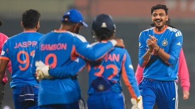 Axar Patel got hit for a couple of sixes in his first over but he bounced back well to claim twin wickets in his next. (PTI) Axar Patel got hit for a couple of sixes in his first over but he bounced back well to claim twin wickets in his next. (PTI)
