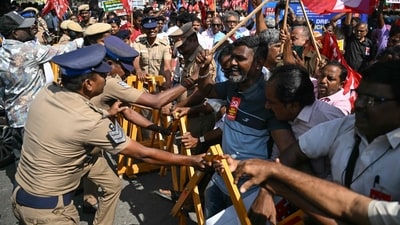 In Chennai, a large-scale protest was also organised at Valluvar Kottam, where members of various trade unions and the Labor Progressive Federation gathered to raise slogans against the central government. (AFP) In Chennai, a large-scale protest was also organised at Valluvar Kottam, where members of various trade unions and the Labor Progressive Federation gathered to raise slogans against the central government. (AFP)