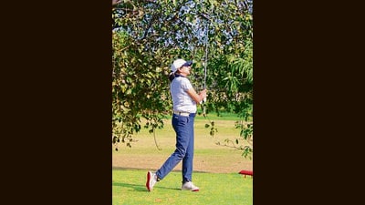 Team GB Legends’ Biran Nagi tracks her shot mid-round on the course. (Sant Arora/HT)