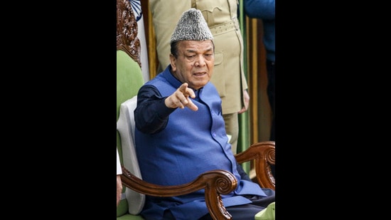 Jammu and Kashmir Assembly Speaker Abdul Rahim Rather conducts proceedings during the Budget session of the state Assembly, in Jammu, on Thursday. (PTI)