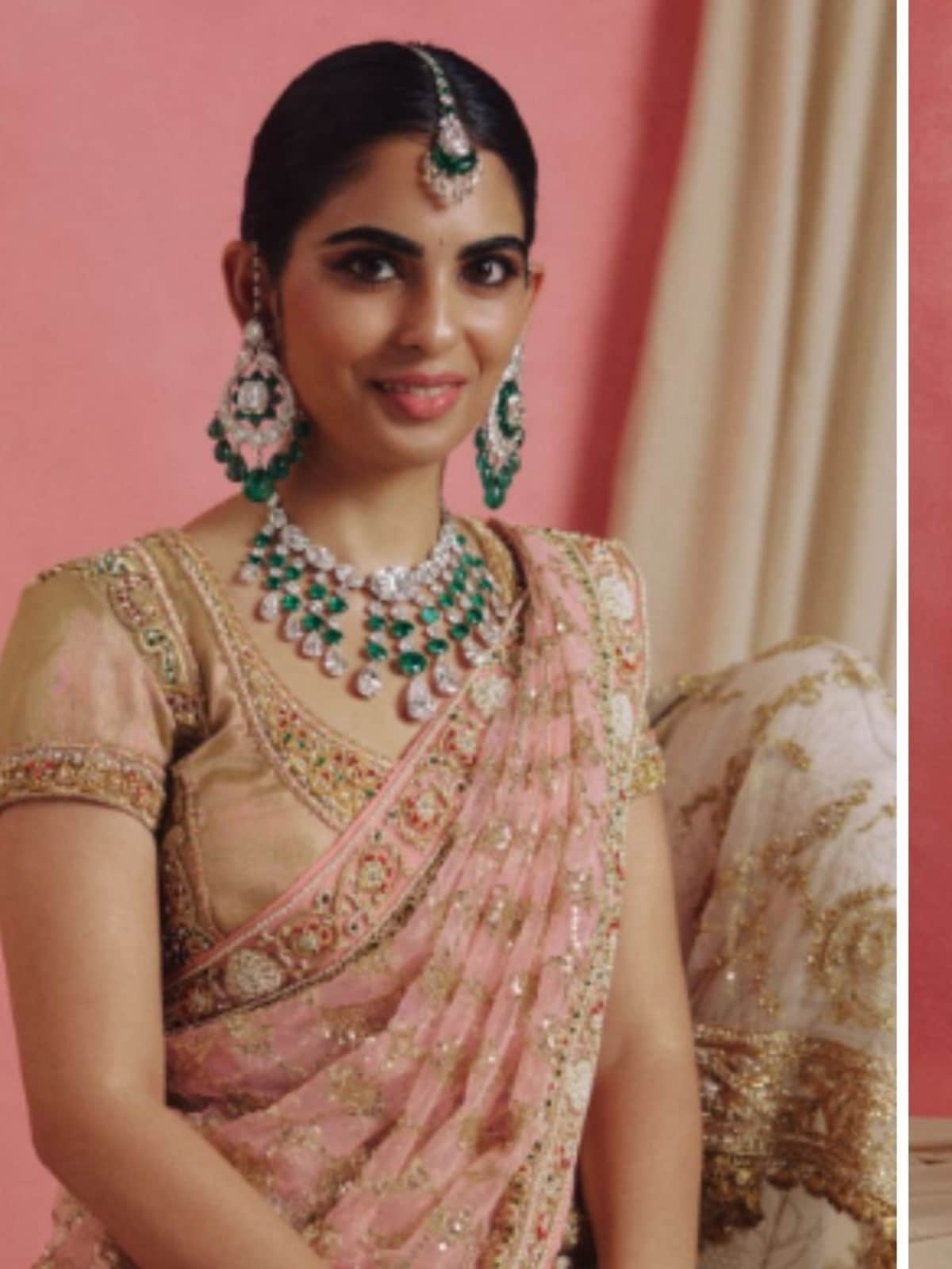 Isha Ambani stuns in champagne-gold and pastel pink bridal lehenga paired with magnificent diamond jewels: See pics