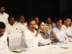 Ganesh Naik speaks during his Janta Darbar (grievance redressal meeting) at Vashi’s Vishnudas Bhave Auditorium (Bachchan Kumar/ HT PHOTO)