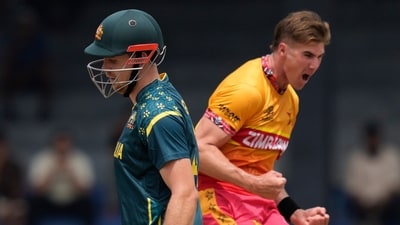 Brad Evans took the wickets of Cameron Green and Travis Head in the powerplay, as Zimbabwe came roaring out of the gates and put Australia immediately on the back foot. (AP) Brad Evans took the wickets of Cameron Green and Travis Head in the powerplay, as Zimbabwe came roaring out of the gates and put Australia immediately on the back foot. (AP)