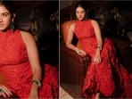 Radhika Merchant rocks a striking red gown, complemented by elegant makeup and luxurious jewels.