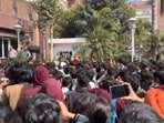 Students protesting at CGC Jhanjeri, on Friday. (HT Photo) Students protesting at CGC Jhanjeri, on Friday. (HT Photo)
