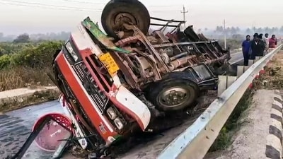 A view of a truck overturned in a road accident which killed seven people, on Hoskote-Dabaspet National Highway, in Bengaluru on Friday (ANI Video Grab) A view of a truck overturned in a road accident which killed seven people, on Hoskote-Dabaspet National Highway, in Bengaluru on Friday (ANI Video Grab)
