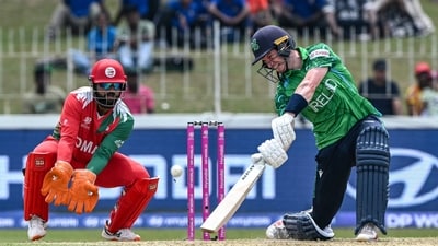 George Dockrell's late blitz pushed Ireland to 235/5. Dockrell faced 9 balls, and five of those exited the confines of the SSC Ground, as he hammered 35*(9) in a brilliant cameo. (AFP) George Dockrell's late blitz pushed Ireland to 235/5. Dockrell faced 9 balls, and five of those exited the confines of the SSC Ground, as he hammered 35*(9) in a brilliant cameo. (AFP)