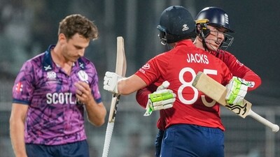 England defeated Scotland by five wickets in their T20 World Cup fixture in Kolkata on Saturday. (PTI) England defeated Scotland by five wickets in their T20 World Cup fixture in Kolkata on Saturday. (PTI)
