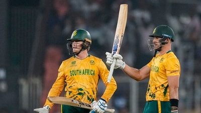Aiden Markram hit an unbeaten 86 off 44 balls to help South Africa chase down the target of 176 with seven wickets in hand and 17 balls to spare against New Zealand in Ahmedabad. (PTI) Aiden Markram hit an unbeaten 86 off 44 balls to help South Africa chase down the target of 176 with seven wickets in hand and 17 balls to spare against New Zealand in Ahmedabad. (PTI)