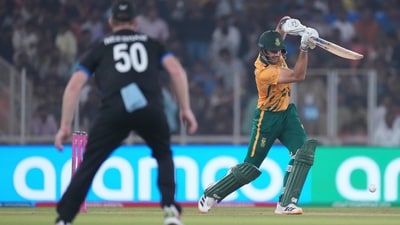 South Africa's captain Aiden Markram was at the top of his game, helping the Proteas get off to a swashbuckling start in the chase of 176. 50 came up for South Africa in just three overs. (AP) South Africa's captain Aiden Markram was at the top of his game, helping the Proteas get off to a swashbuckling start in the chase of 176. 50 came up for South Africa in just three overs. (AP)