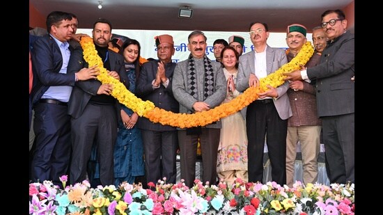 Chief minister Sukhvinder Singh Sukhu during a public meeting at Sarahan in Sirmaur district on Saturday. (HT Photo)