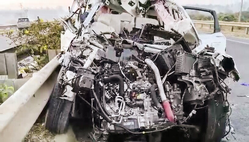 A view of a vehicle damaged in a road accident which killed seven people on Hoskote-Dabaspet National Highway, in Bengaluru on Friday. (ANI Video Grab) A view of a vehicle damaged in a road accident which killed seven people on Hoskote-Dabaspet National Highway, in Bengaluru on Friday. (ANI Video Grab)