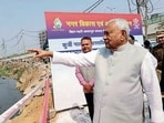 Bihar Chief Minister Nitish Kumar inspects Kurji-Rajeev Nagar and Anandpuri sewer construction projects in Patna, Sunday (SANTOSH KUMAR/HT)