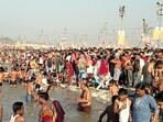 Devotees bathing at Sangam on Sunday. (Anil Kumar Maurya/HT)
