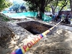 FILE: Spot where a biker lost his life after falling into an uncovered pit at an under-construction Delhi Jal Board pipeline site at Professor Joginder Singh Marg, Janakpuri in New Delhi. (Photo by Arvind Yadav/ Hindustan Times)