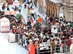 Long queues could be seen at the KV temple since early morning on the occasion of Mahashivaratri. (HT photo) Long queues could be seen at the KV temple since early morning on the occasion of Mahashivaratri. (HT photo)