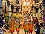 A seer carries ceremonial objects during the Thiruvabharanam procession at the Sabarimala temple in January 2026, marking the ritual transfer of the sacred golden ornaments of Lord Ayyappa from the Pandalam Palace, in Pathanamthitta, Kerala.
