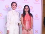 Queen Rania of Jordan (L) with Isha Ambani in Mumbai