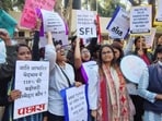 The protest at North Campus on Friday. (HT Photo)