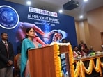 Union MoS Anupriya Patel addressing a meet on the use of AI in healthcare and education in Varanasi on Feb 15. (HT photo)