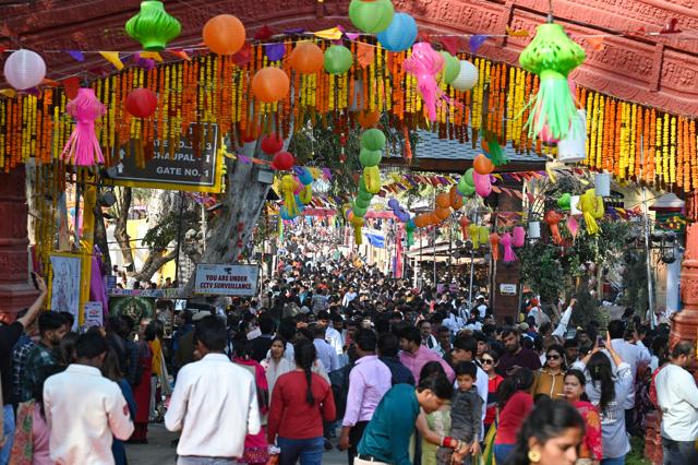 Authorities said nearly three lakh people attended on Sunday alone. Installations included replicas such as the Sudarshan Chakra and Egyptian-themed décor. (Parveen Kumar/HT)