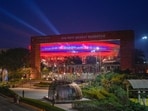 An Illuminated Bharat Mandapam for the AI Impact Summit 2026 in New Delhi.