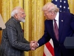 US President Donald Trump and Prime Minister Narendra Modi shake hands during a joint press conference at the White House in Washington, DC, US, on February 13, 2025.