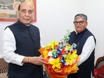 Punjab governor and Chandigarh administrator Gulab Chand Kataria paid a courtesy visit to Union defence minister Rajnath Singh in New Delhi on Sunday. (ANI Photo)