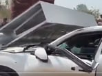 A nearly 50-foot-high iron pole was being erected to install a company signboard at a petrol pump located on the Amethi road.