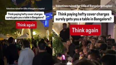A video shared on Instagram by Akshay Kumawat shows couples in Bengaluru waiting for hours on Valentine's Day. (@aks_is_1/Instagram) A video shared on Instagram by Akshay Kumawat shows couples in Bengaluru waiting for hours on Valentine's Day. (@aks_is_1/Instagram)