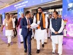Bihar deputy chief minister Samrat Choudhary, industries minister Dilip Jaiswal and others at the AI Impact Summit in New Delhi. (HT Photo)