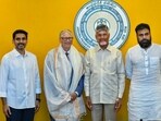 Chief minister N Chandrababu Naidu, deputy chief minister Pawan Kalyan and IT minister Nara Lokesh with former Microsoft CEO Bill Gates in Amravati on Monday. ) (ANI)