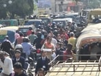 Traffic jam on Park Road in Lucknow on Tuesday . (HT Photo)