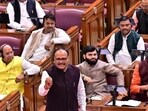 Uttar Pradesh deputy chief minister Brajesh Pathak in the state assembly on Monday. (HT)