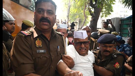 Congress state president Ajay Rai and other leaders protest against the Union government’s VB-G RAM G Act, near the party office in Lucknow on Tuesday. (Mushtaq Ali/HT)