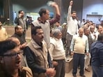 Employees of Maharshi Dayanand University (MDU) staged a sit-in protest outside the vice-chancellor’s office on Wednesday. (Manoj Dhaka/HindustanTimes)