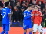 SL Benfica's Gianluca Prestianni hides his mouth while arguing with Real Madrid's Vinicius Junior, SL Benfica's Gianluca Prestianni hides his mouth while arguing with Real Madrid's Vinicius Junior,