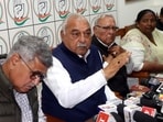 Former chief minister and Leader of the Opposition Bhupinder Singh Hooda addressing a press conference in Rohtak on Monday. (Manoj Dhaka/HT)