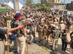 Heavy police presence at Jeond village in Bathinda district to prevent Bharatiya Kisan Union (Ekta Ugrahan) activists from marching to the district administrative complex on Wednesday. (Sanjeev Kumar/HT)