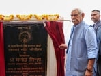 J&K LG Manoj Sinha during the stone-laying ceremony of Adi Shankaracharya Temple, in Katra, on Wednesday. (PTI)