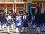 Students come out of an examination centre in Prayagraj on Wednesday. (HT) Students come out of an examination centre in Prayagraj on Wednesday. (HT)