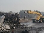 The accident occurred around 4 am near Yadupur village in Palwal. The dumper driver fled the spot after the crash.